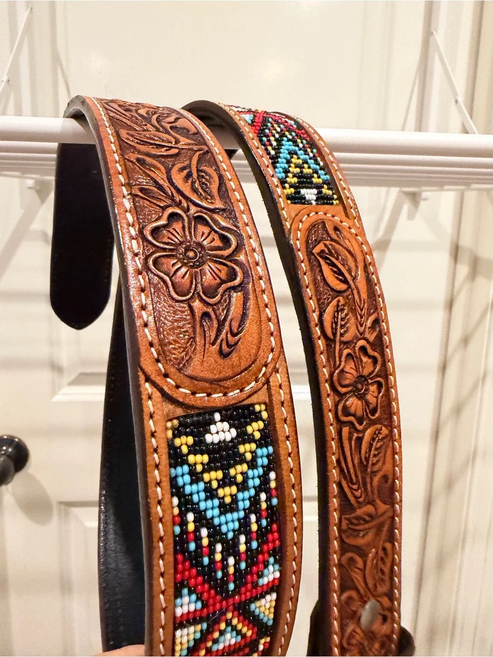 Tooled Leather Belt with Multicolor Beaded Accent - Brown